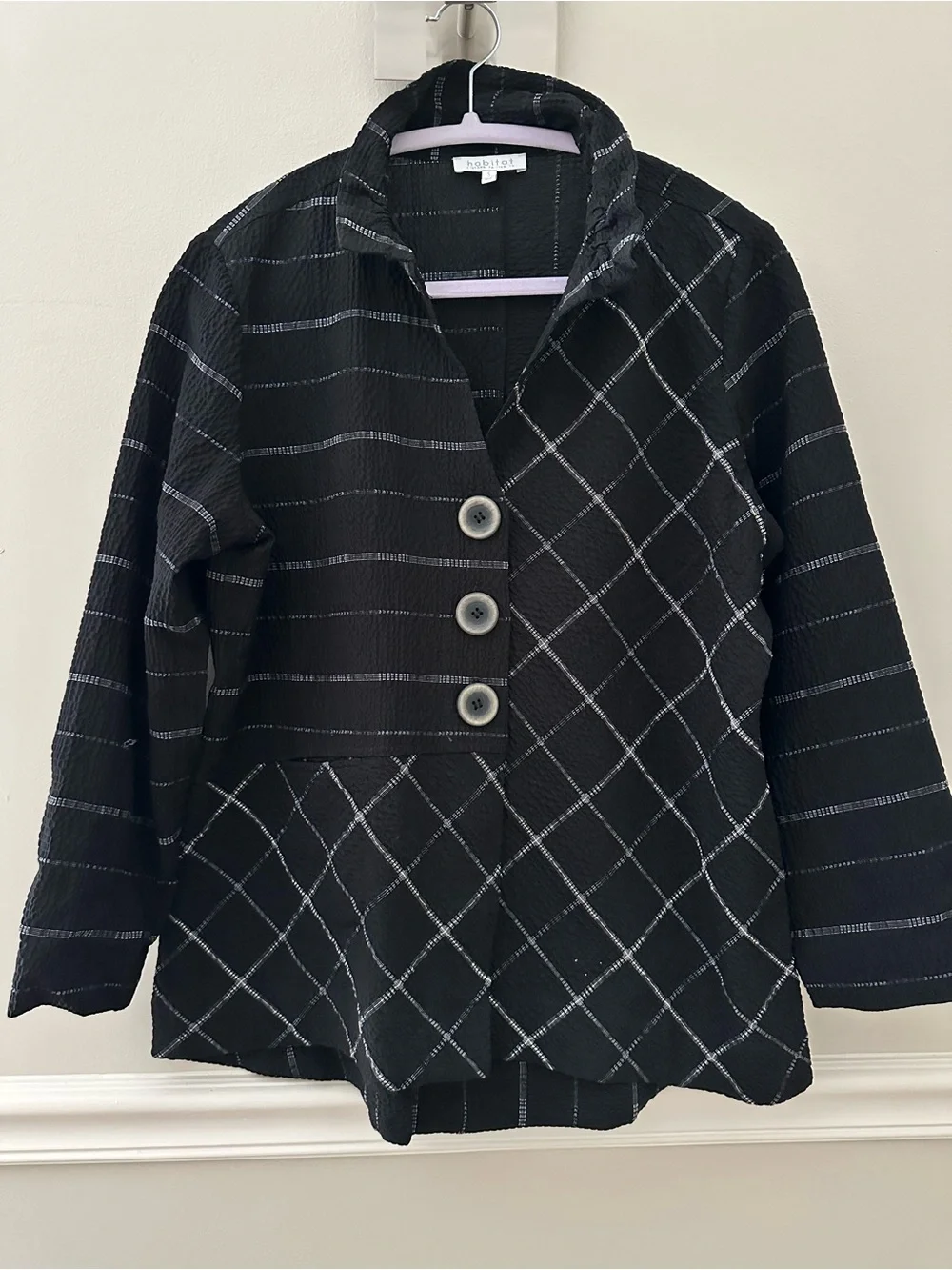 Habitat Textured Black Button-Front Jacket Top with White Windowpane Trim Small - Picture 1 of 7
